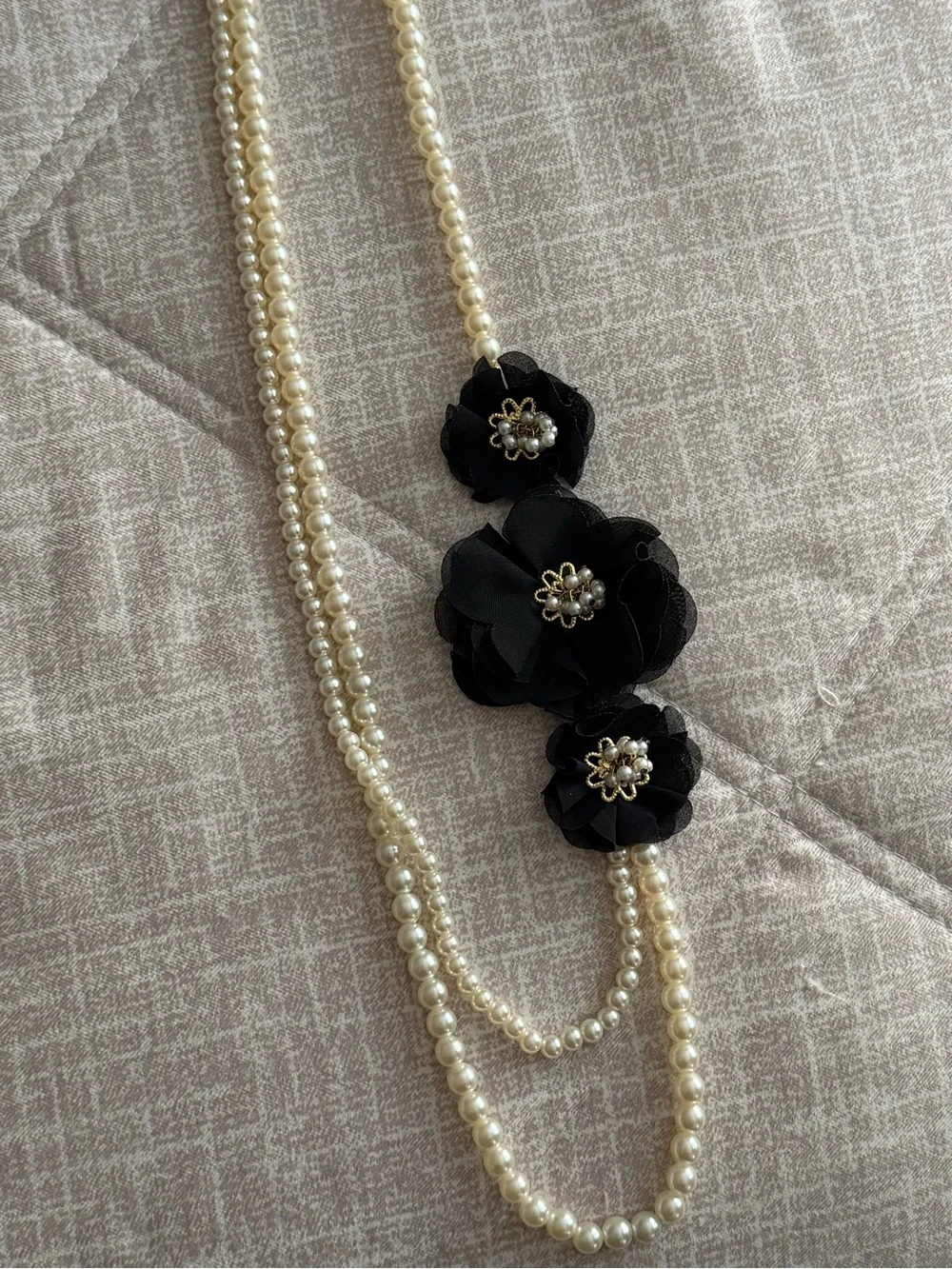 Long Pearl Strand Necklace with Black Floral Accents